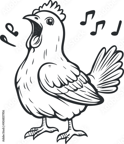 Black and white illustration of a singing chicken with musical notes around it, showing an expressive bird.