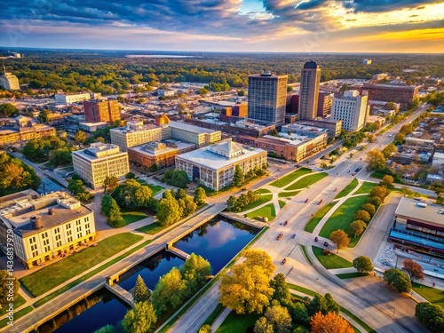Obraz na płótnie Aerial Bokeh View of Downtown South Bend, Indiana - Michiana Cityscape w salonie