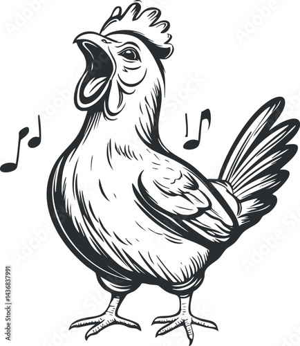 Black and white vintage illustration of a rooster singing with musical notes around it