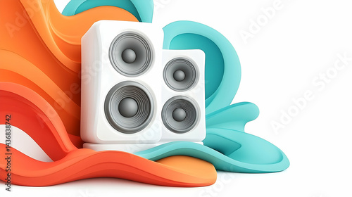 Abstract Music Background with White Speakers and Colorful Waves