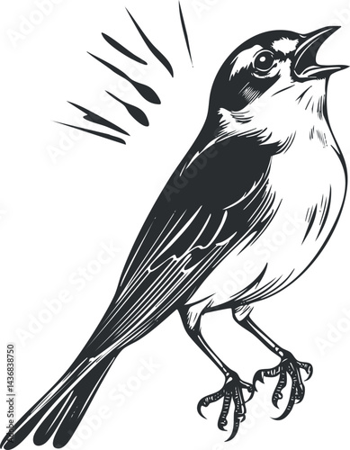 Black and white illustration of a bird singing with its beak open and wings folded