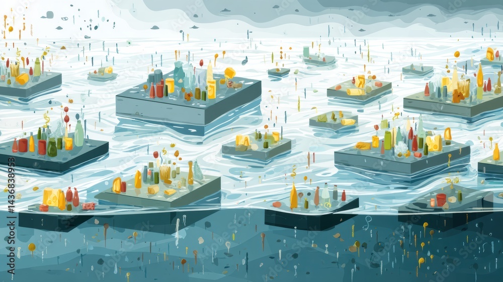 Fototapeta premium Floating Garbage Islands Pollute the Ocean and Disrupt Marine Ecosystems While Raising Awareness About Oceanic Waste Management