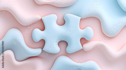 Pastel Blue Puzzle Piece on Pink and Blue Wave Background