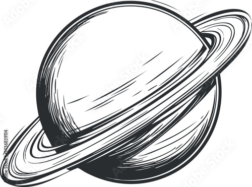 Black and white sketch illustration of a planet with rings resembling Saturn in space