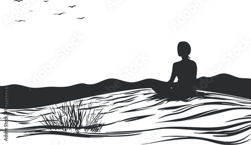 Silhouette of a woman sitting peacefully on a hill with mountains and birds in the background