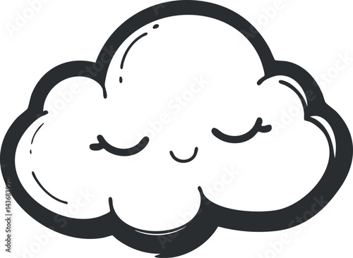 Cute sleepy cloud cartoon icon with closed eyes and a smile, simple black and white illustration