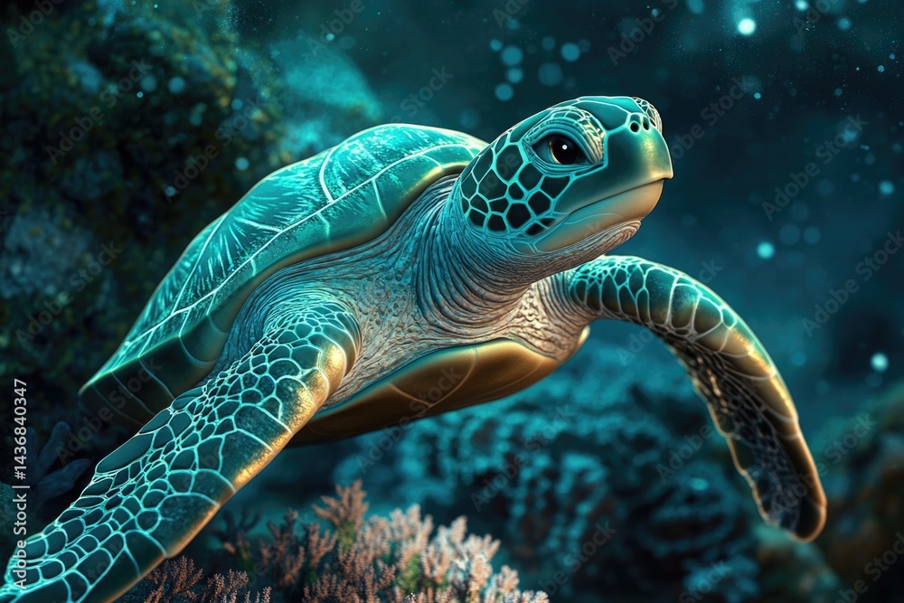 Fototapeta premium A majestic sea turtle gracefully swims through a vibrant coral reef, illuminated by an ethereal underwater glow.