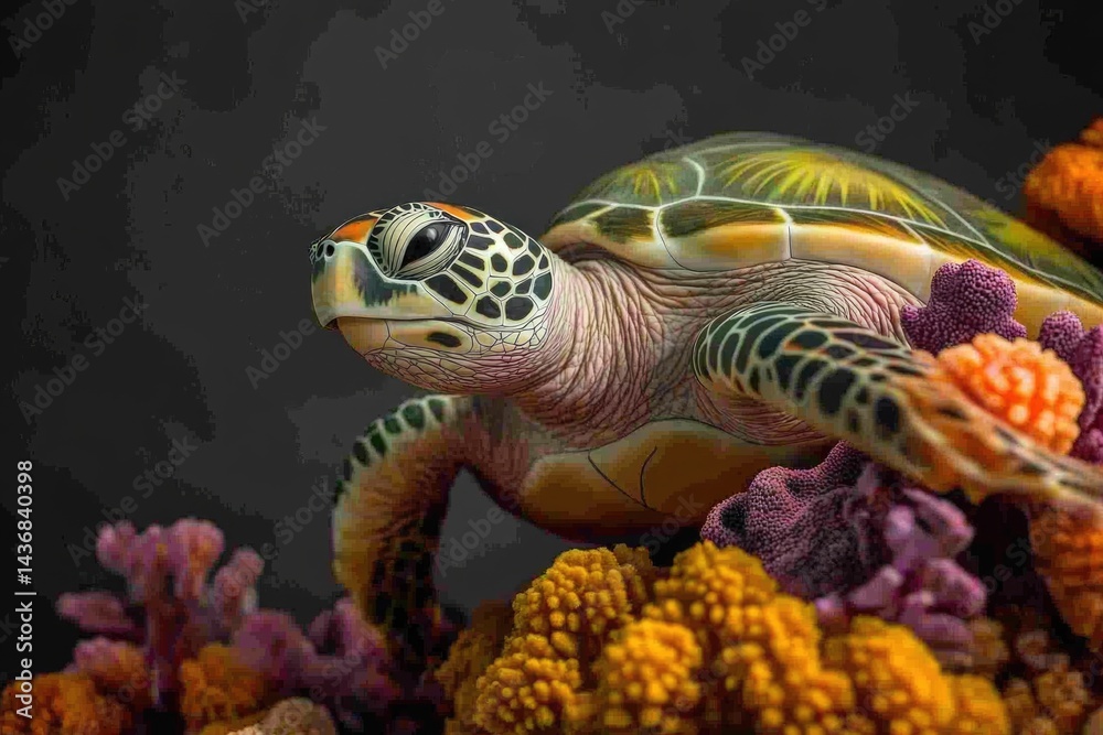 Fototapeta premium A green sea turtle gracefully moves among vibrant coral reefs, showcasing the beauty of marine life.