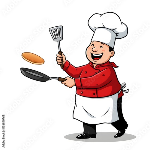Cartoon chef flipping a pancake with a pan and spatula wearing a red jacket and white apron and hat