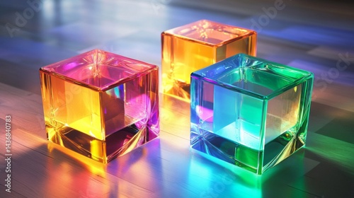 Colorful Glass Cubes on Reflective Surface