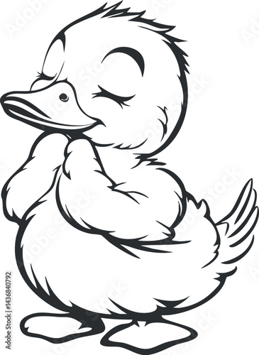 Black and white cartoon illustration of a cute, fluffy duckling standing with eyes closed and a peaceful expression.
