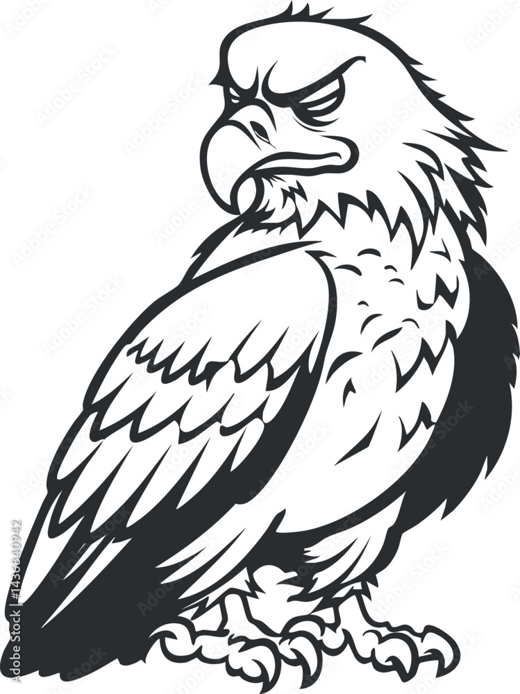 Obraz premium Black and white illustration of a fierce eagle with sharp beak and claws perched, showing detailed feathers.