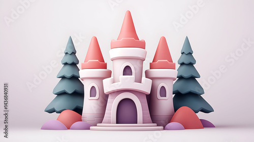 Pastel Pink Castle in a Forest 3D Render