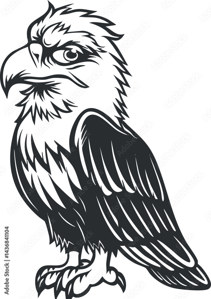 Black and white stylized illustration of a fierce eagle bird with detailed feathers and sharp beak Black and white stylized illustration of a fierce eagle bird with detailed feathers and sharp beak