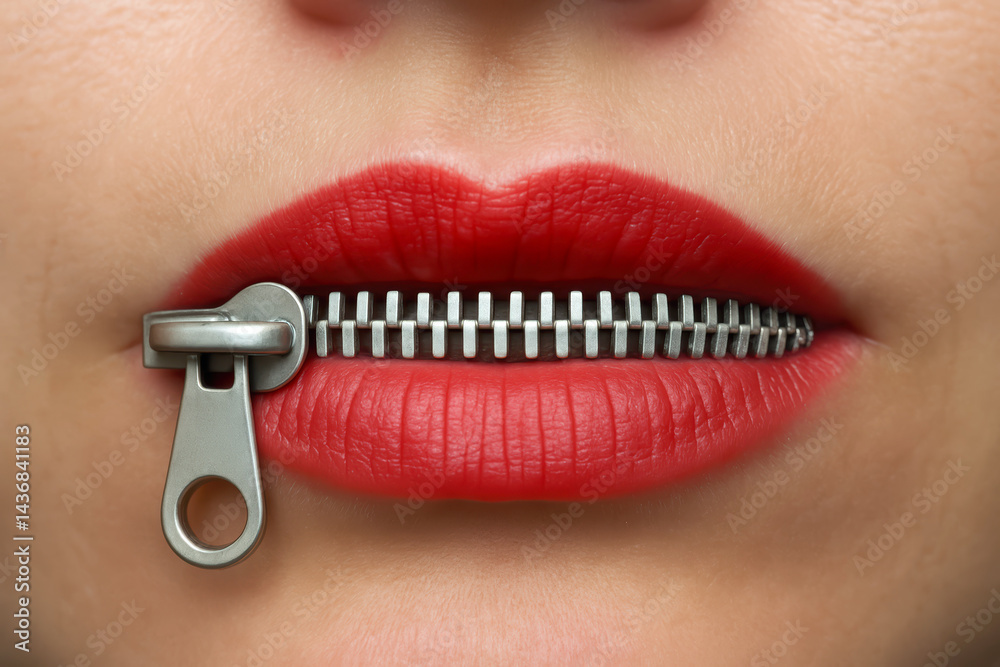 Close-up of woman's lips closed with a zipper, symbolizing silence, secrecy or censorship.