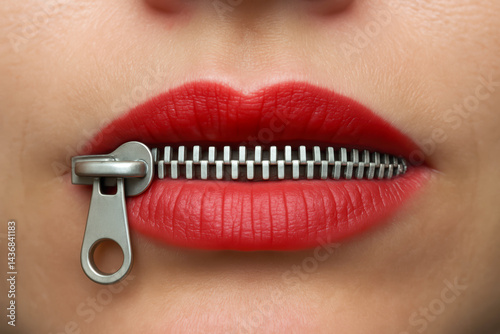 Obraz na płótnie Close-up of woman's lips closed with a zipper, symbolizing silence, secrecy or censorship. w salonie