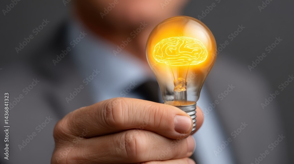 Businessman shines with an idea, holding a lightbulb representing innovation, creativity, and smart solutions.