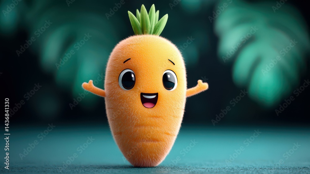 A fun cartoon carrot with little arms and legs is joyfully dancing in a vibrant garden, radiating joy and energy.