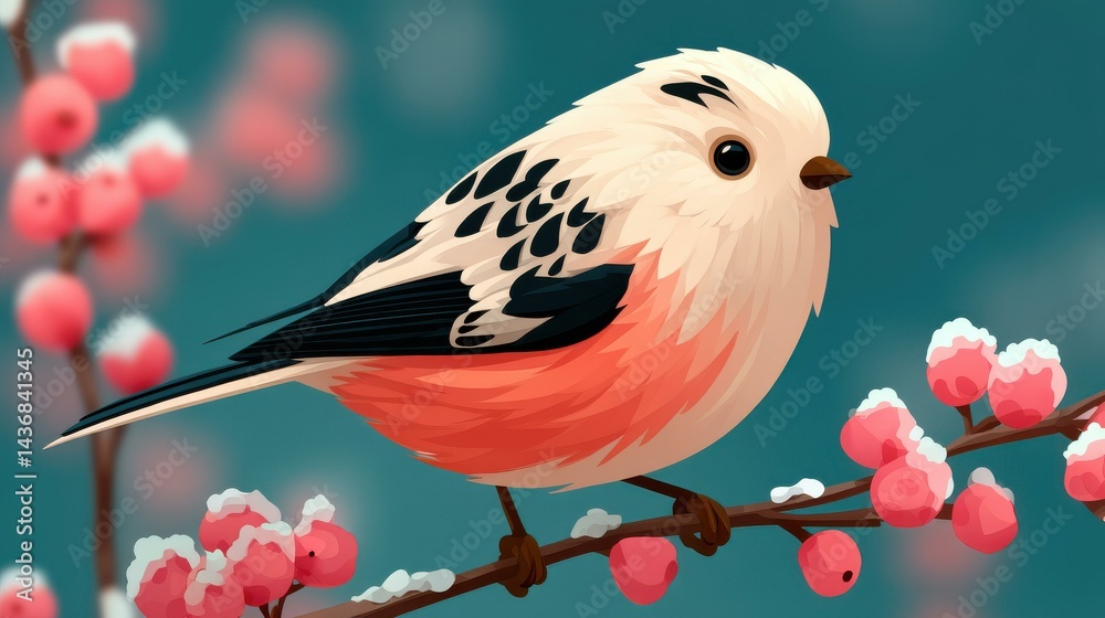 Delight in holiday cheer with this charming card showcasing a small bird amidst frosty branches and pink berries.