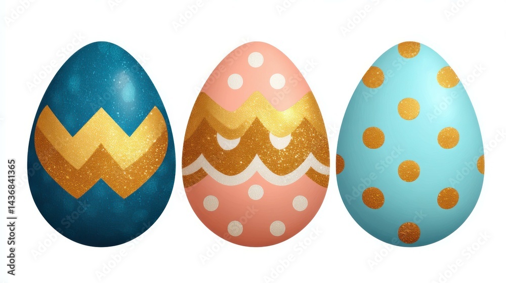 Bright and stylish Easter greeting card featuring chic gold, pink, and white eggs with trendy designs. Perfect for spring wishes