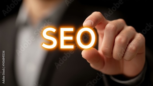 Obraz na płótnie A businessman interacts with virtual SEO icons, enhancing website traffic and search engine rankings through optimization. w salonie