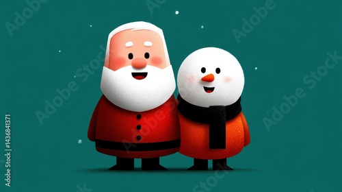 Adorable Santa Claus builds a joyful snowman, set against a festive Merry Christmas backdrop. Perfect for holiday cheer
