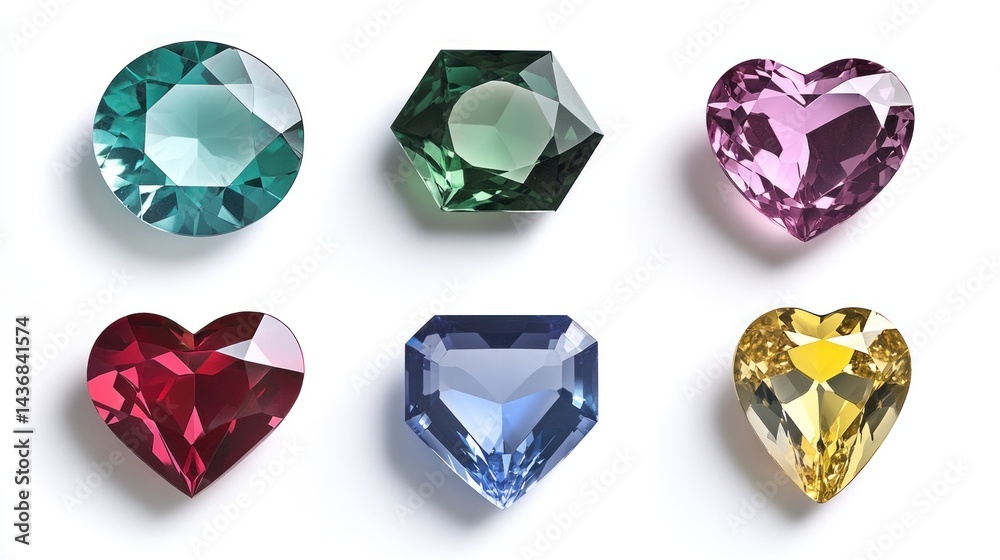 Fototapeta premium Colorful gemstones collection, various cuts, white background, jewelry design