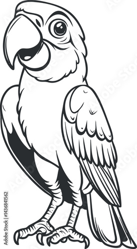 Black and white cartoon illustration of a parrot bird with detailed feathers and beak standing upright
