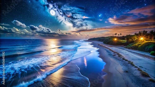 Aerial Night View of Serene Beach, Starry Sky, Ocean Waves