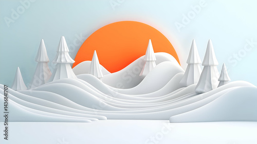 Pastel Winter Landscape Christmas Background with White Hills and Orange Sunset