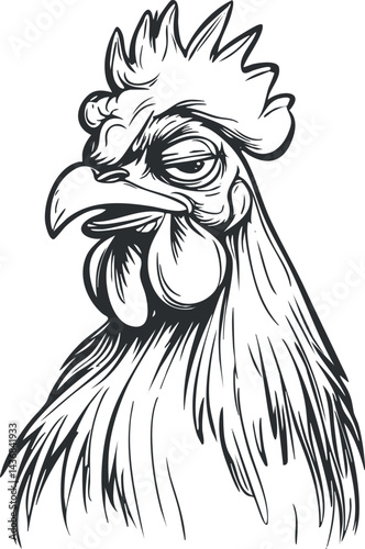 Black and white line art illustration of a rooster head with detailed feathers and comb