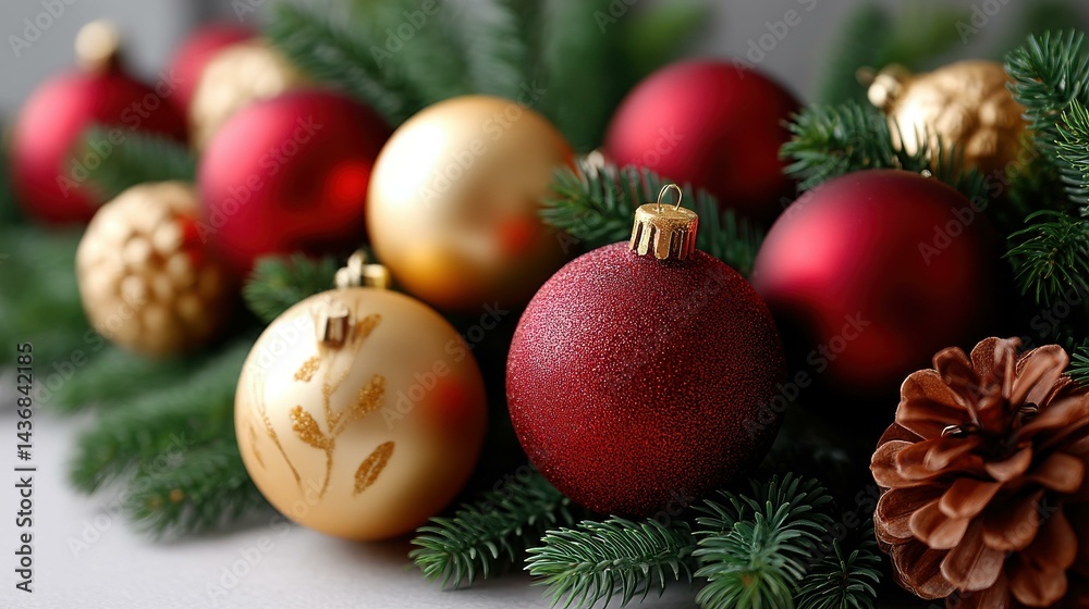 A festive border of Christmas branches adorned with red and gold baubles, pinecones, and lush greenery for a joyful touch. A festive border of Christmas branches adorned with red and gold baubles, pinecones, and lush greenery for a joyful touch.