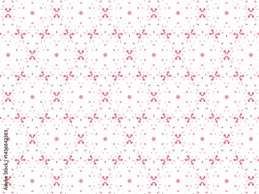 An abstract background with a repeating pattern. Tiny pink floral shapes are arranged in a symmetrical, delicate design on a white background. An abstract background with a repeating pattern. Tiny pink floral shapes are arranged in a symmetrical, delicate design on a white background.