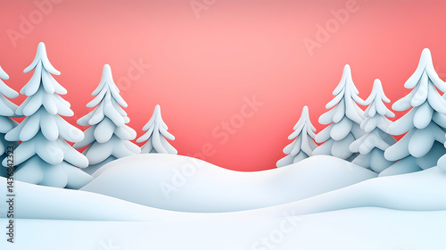 Pastel Winter Landscape with Snowy Trees and Pink Background