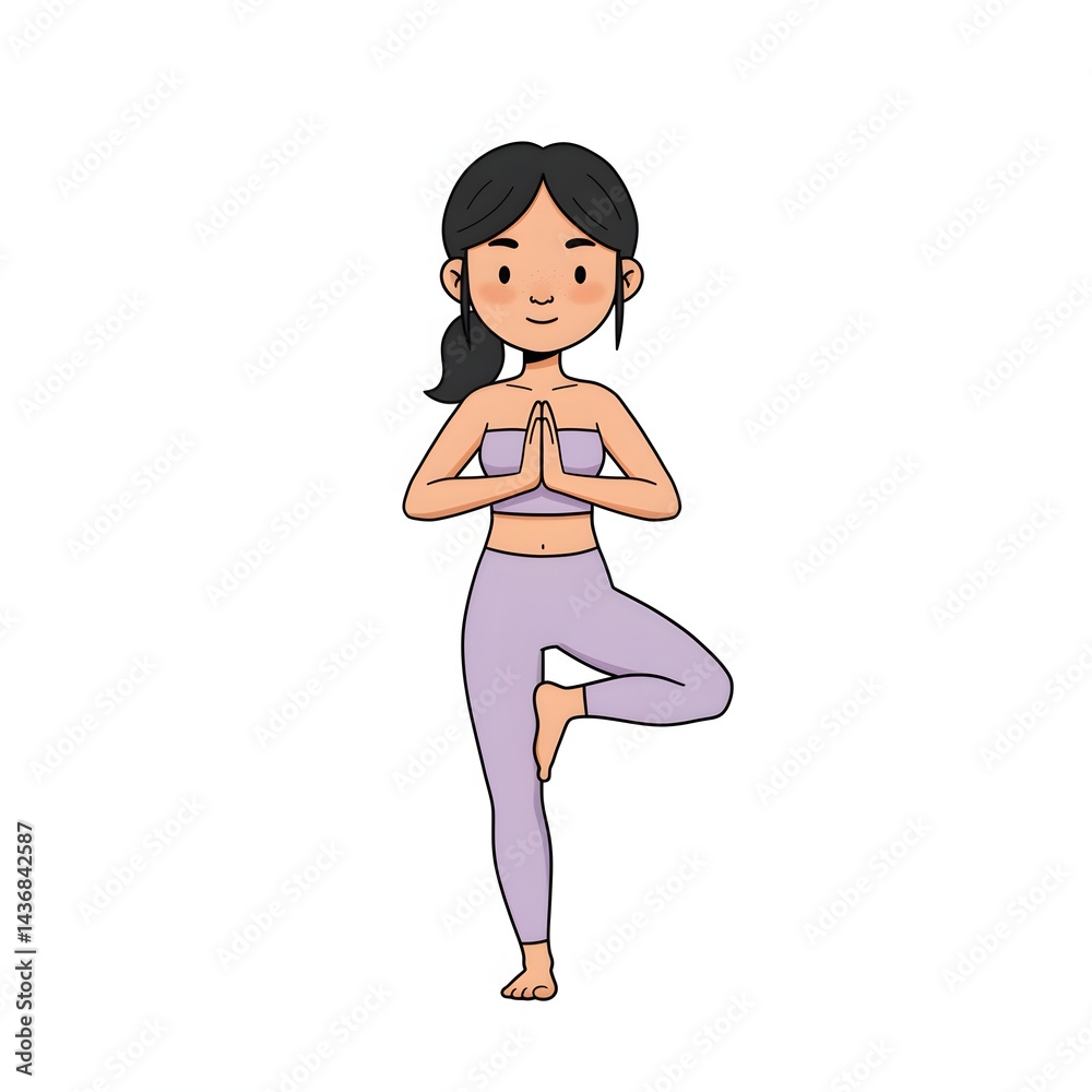 Cartoon woman in yoga pose with hands in prayer position wearing purple outfit on a white background Cartoon woman in yoga pose with hands in prayer position wearing purple outfit on a white background