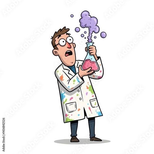 Cartoon scientist with glasses looks surprised at the pink liquid in a flask that is smoking
