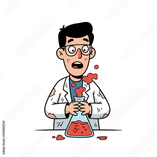 Cartoon scientist with glasses holding a flask with red liquid and a surprised expression on his face