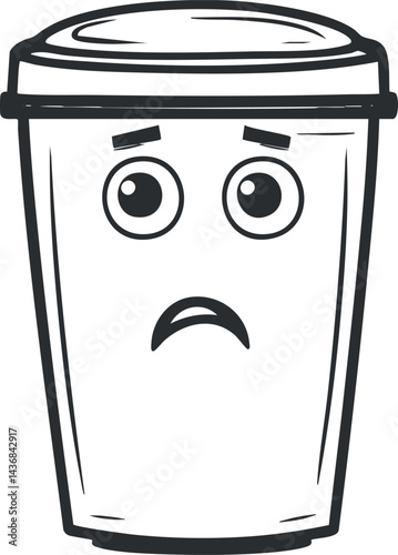 Black and white cartoon illustration of a sad takeaway coffee cup with expressive eyes and frowning mouth