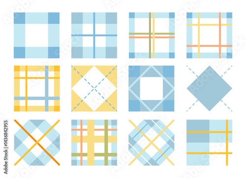 Spring plaid seamless patterns set, Pastel blue, yellow  and green doodle check and grid seamless vector pattern collection