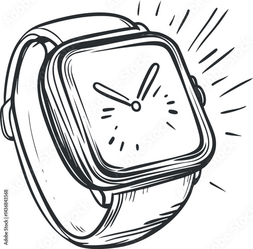 Hand drawn black and white sketch of a modern smartwatch with a square face and wrist strap
