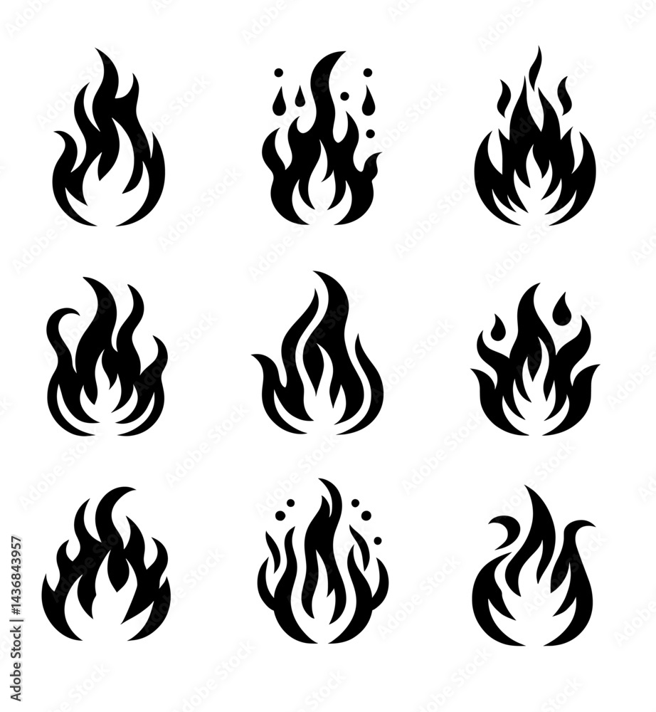 Collection of nine distinct black flame icons, each with unique shapes and designs. Ideal for use in graphic design, branding, and decorative projects. Collection of nine distinct black flame icons, each with unique shapes and designs. Ideal for use in graphic design, branding, and decorative projects.