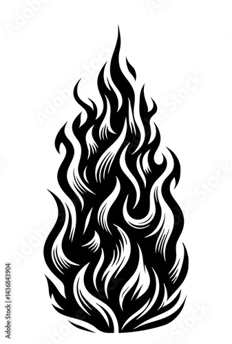 A black and white drawing of a flame. The flame is very large and has a lot of detail. The drawing has a very dramatic and intense mood