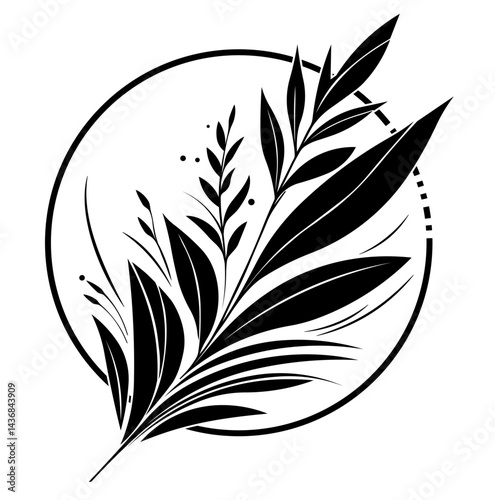 A black and white drawing of a leafy plant with a white background. The leafy plant is surrounded by a white circle, giving it a sense of enclosure and focus. The drawing conveys a sense of calm