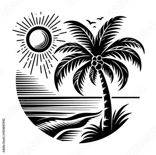 An image of a palm tree against the backdrop of the sun, sea and beach inscribed in a circle. A great emblem for a vacation theme.