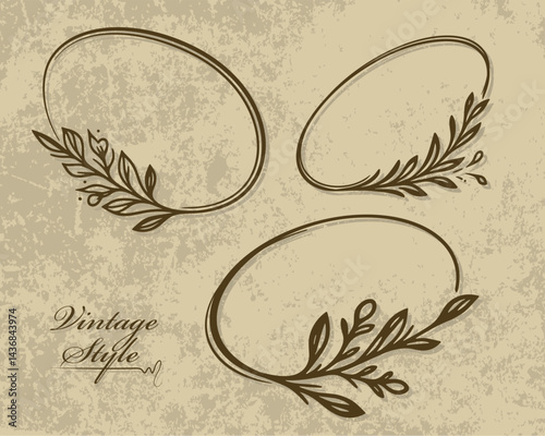 Three oval-shaped floral frames with intricate leaf designs on a textured, grunge background. Ideal for invitations, greeting cards, and vintage-themed projects.