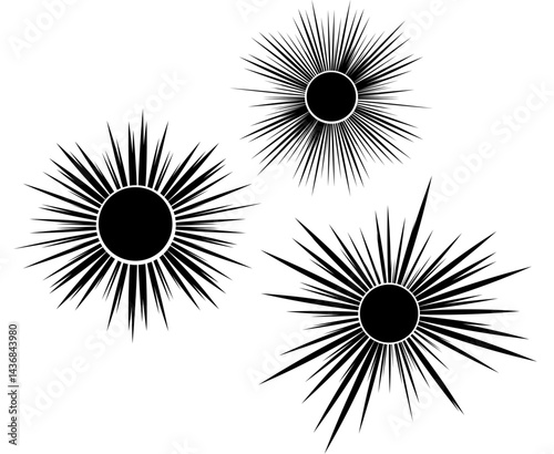 three abstract black and white Sun or spiky circular patterns on a white background. The design is symmetrical and radiates from a central point, creating a dynamic and eye-catching visual effect.