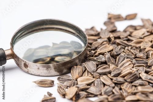 Seeds from a sunflower are magnified and set against a gray backdrop