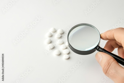 Pharmaceutical counterfeiting or fake pills are tested and verified under a magnifying glass on a white background