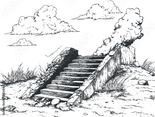 Black and white sketch of old stone stairs in ruins surrounded by grass and clouds in the sky.