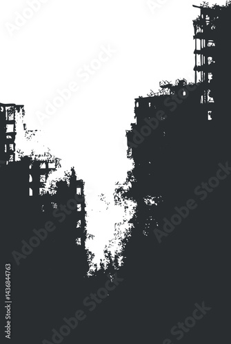 Silhouette of destroyed urban buildings creating an apocalyptic scene of wreckage and devastation.